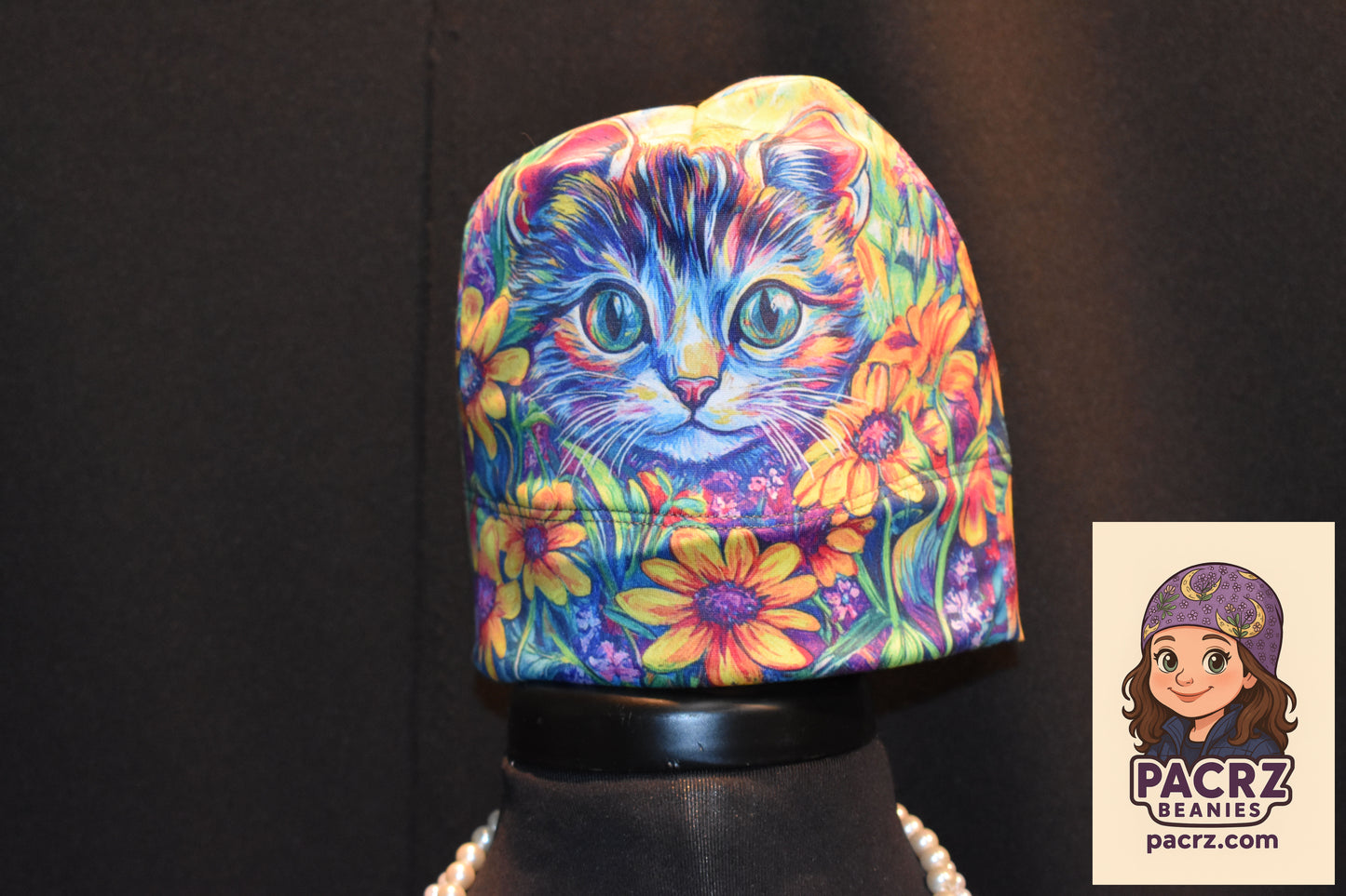 PACRZ Ready Ship Beanies - Kitty and Flowers (cat) - Size Small