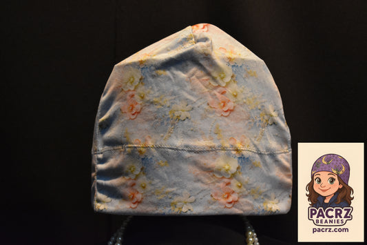 PACRZ Ready to Ship Beanies -Blue with flowers, lace and pearls - Size Large