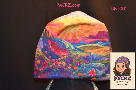 PACRZ Ready to Ship Beanies -Full Sun Flowers with purples - Size Large